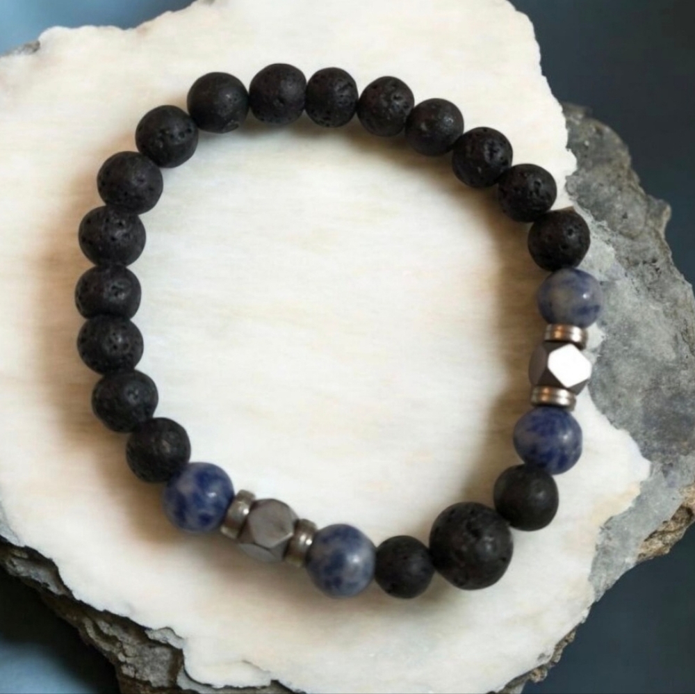 Lava Stone and Blue Beads Stretch Bracelet